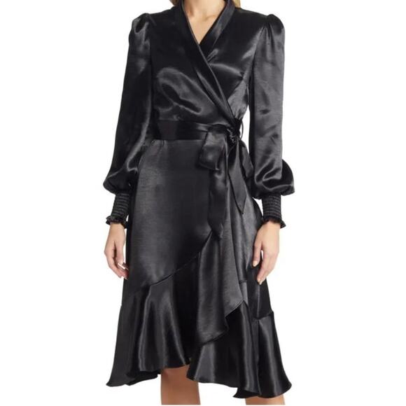 EUC‎ Rachel Parcell Long Sleeve Hammered Ruffled Satin Wrap Dress Black size XXS - Picture 1 of 12